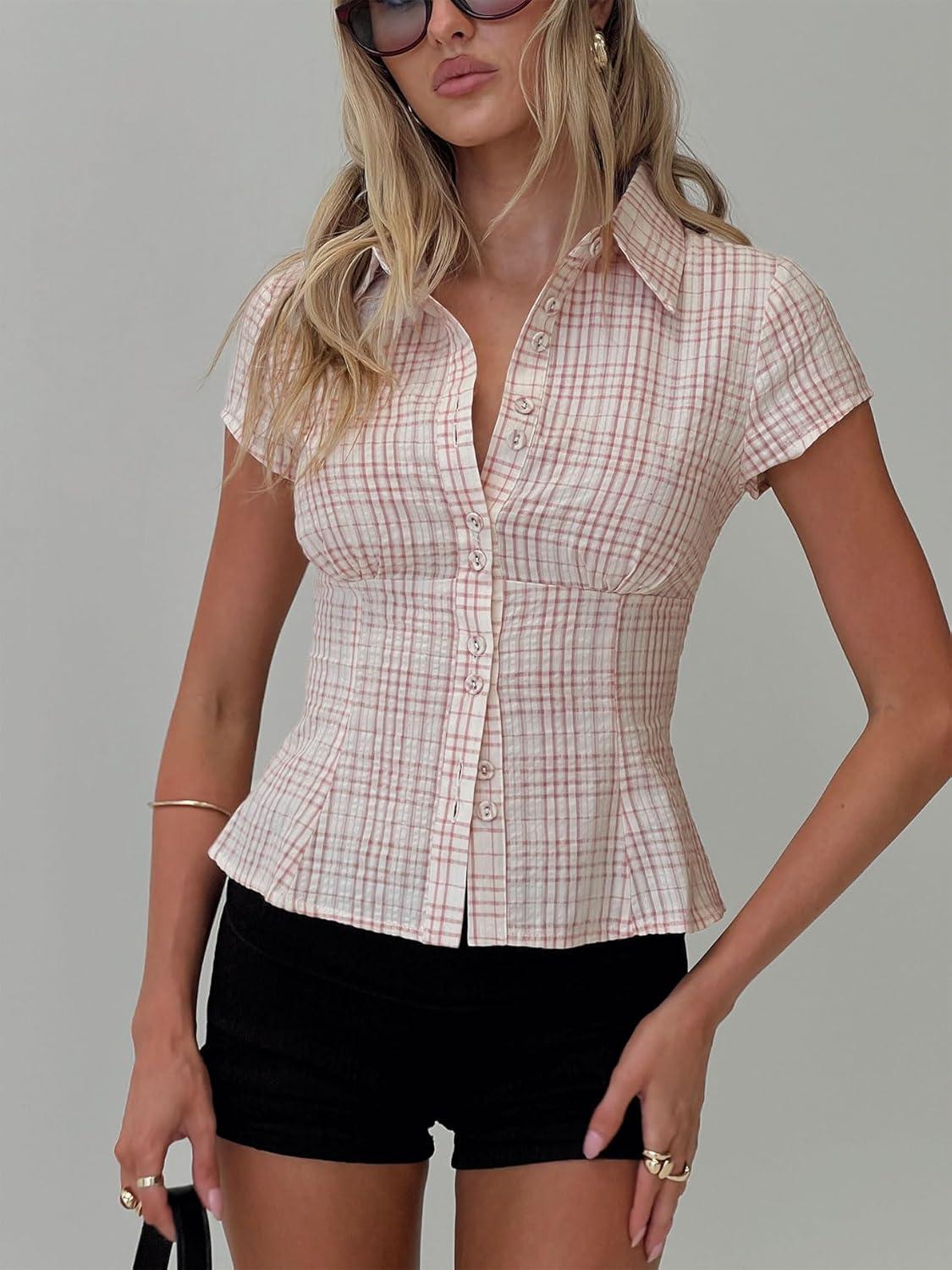 imagePrincess Polly Cottesloe Pink Gingham Ruched Bust Button Down Crop BlousePink Pinstripe