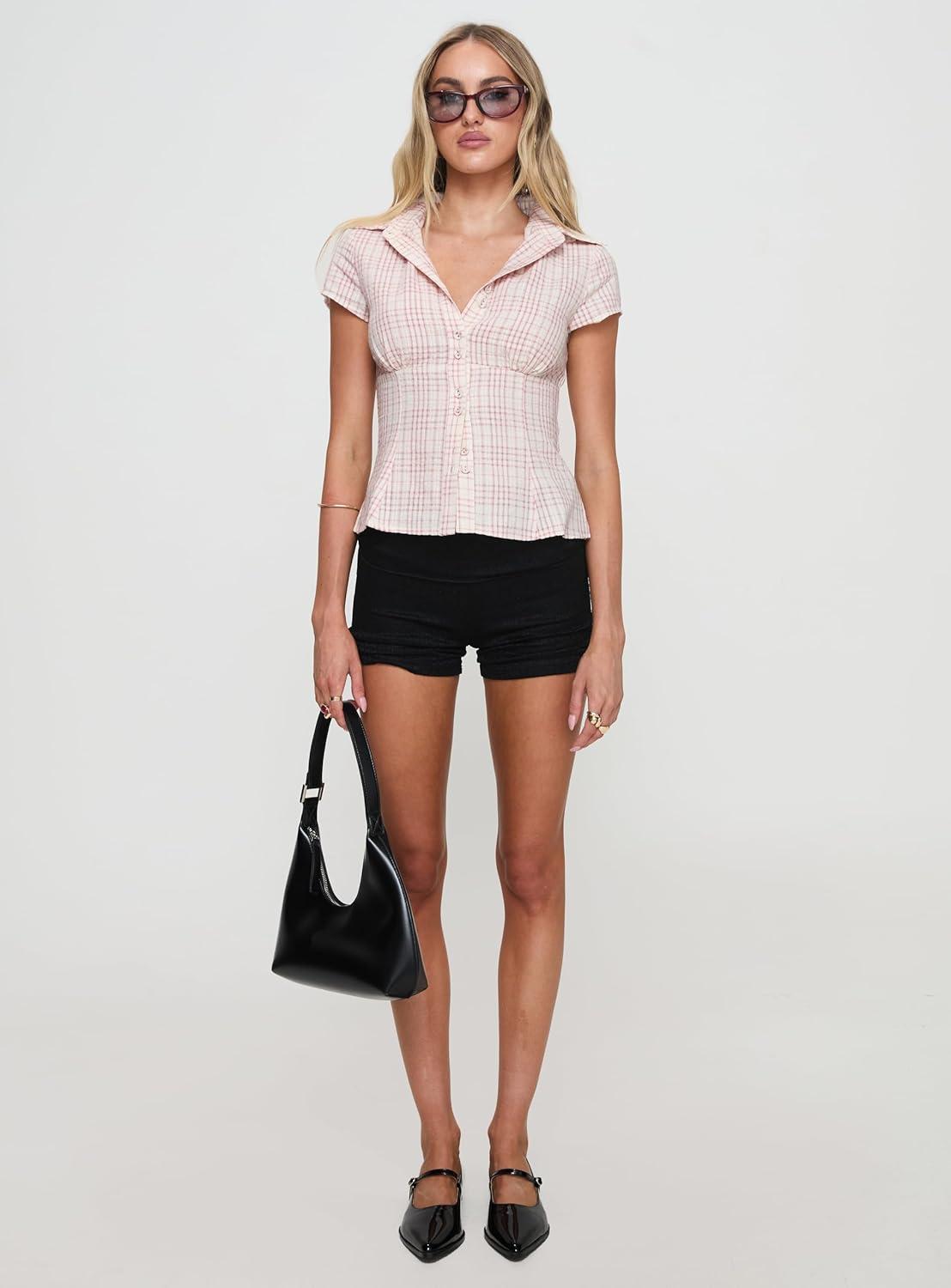 imagePrincess Polly Cottesloe Pink Gingham Ruched Bust Button Down Crop BlousePink Pinstripe