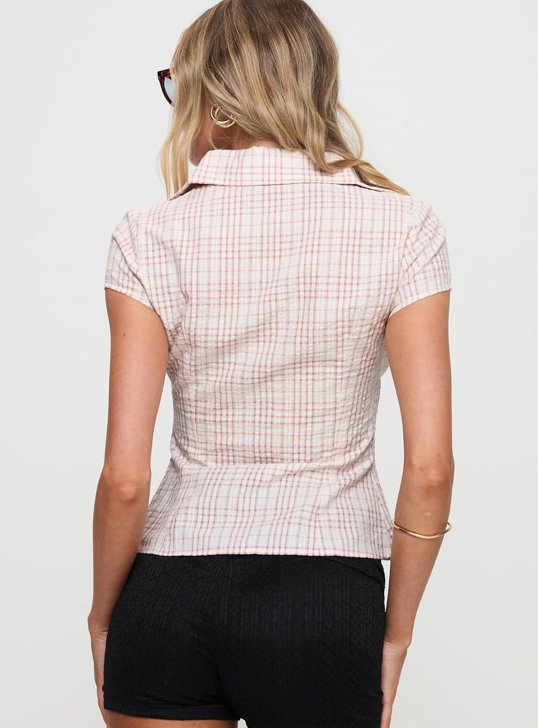 imagePrincess Polly Cottesloe Pink Gingham Ruched Bust Button Down Crop BlousePink Pinstripe