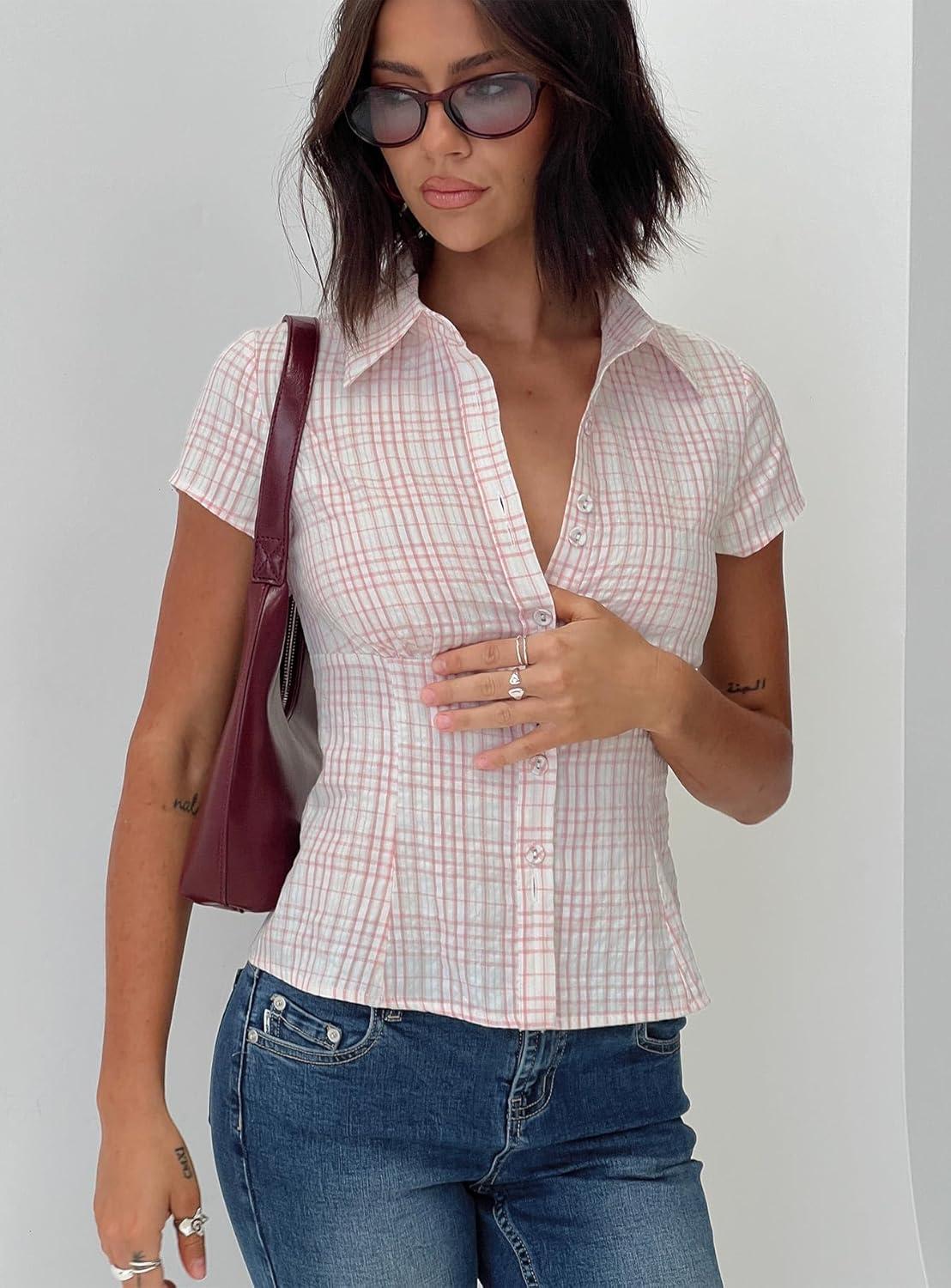imagePrincess Polly Cottesloe Pink Gingham Ruched Bust Button Down Crop BlousePink Pinstripe
