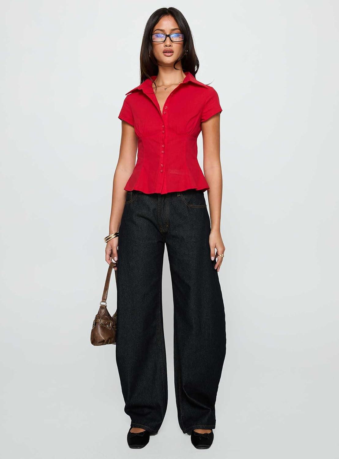 imagePrincess Polly Cottesloe Pink Gingham Ruched Bust Button Down Crop BlouseRed