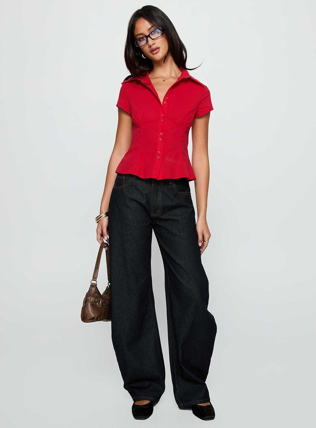 imagePrincess Polly Cottesloe Pink Gingham Ruched Bust Button Down Crop BlouseRed