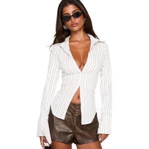 Princess Polly Madlin Long Sleeve Top Beige Stripe(White)