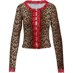 Princess Polly Women’s Pour It Up Long Sleeve Button Detail Top(Leopard)