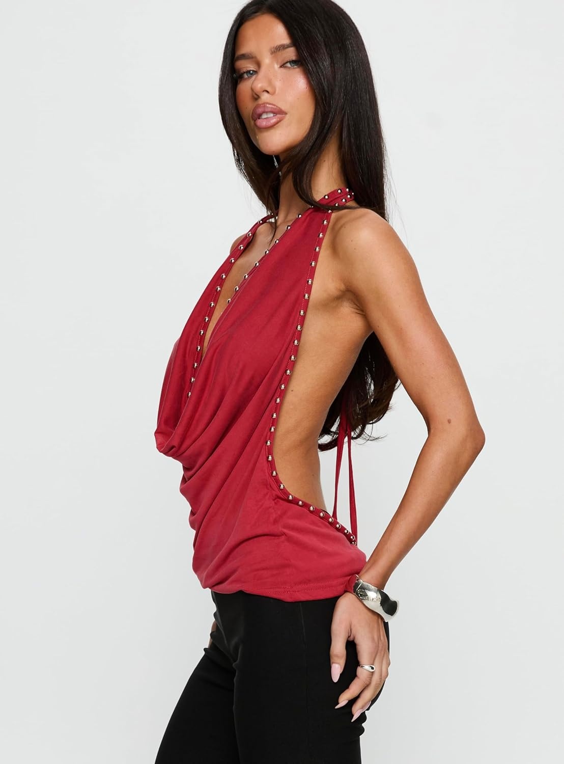 imagePrincess Polly Womens Khoda Studded Halter TopBurgundy