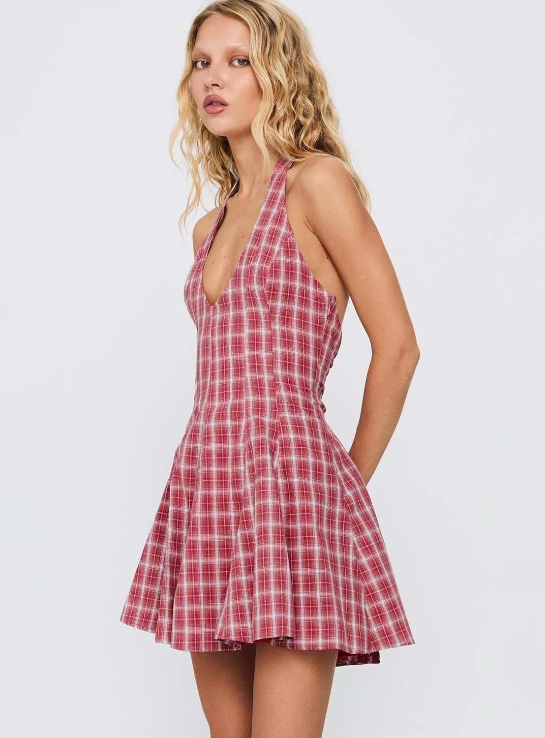 imagePrincess Polly Womens Out of Nowhere Halter Mini DressRed Check