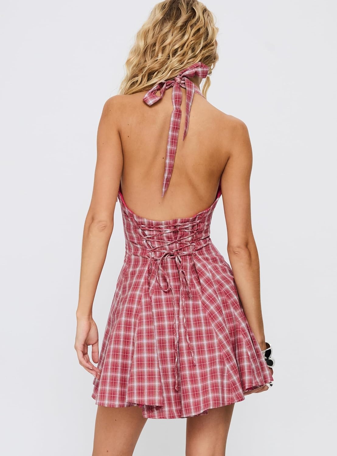 imagePrincess Polly Womens Out of Nowhere Halter Mini DressRed Check