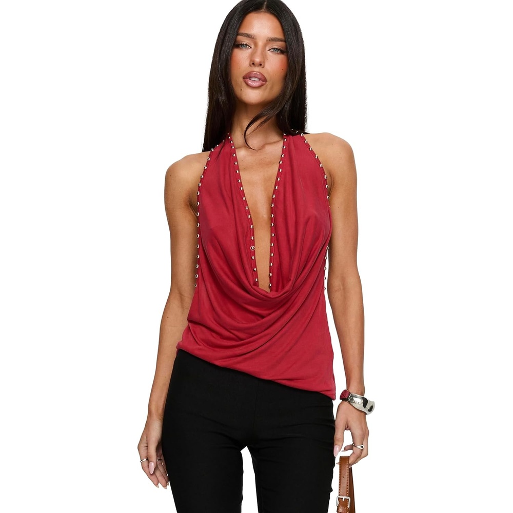 imagePrincess Polly Womens Khoda Studded Halter TopBurgundy