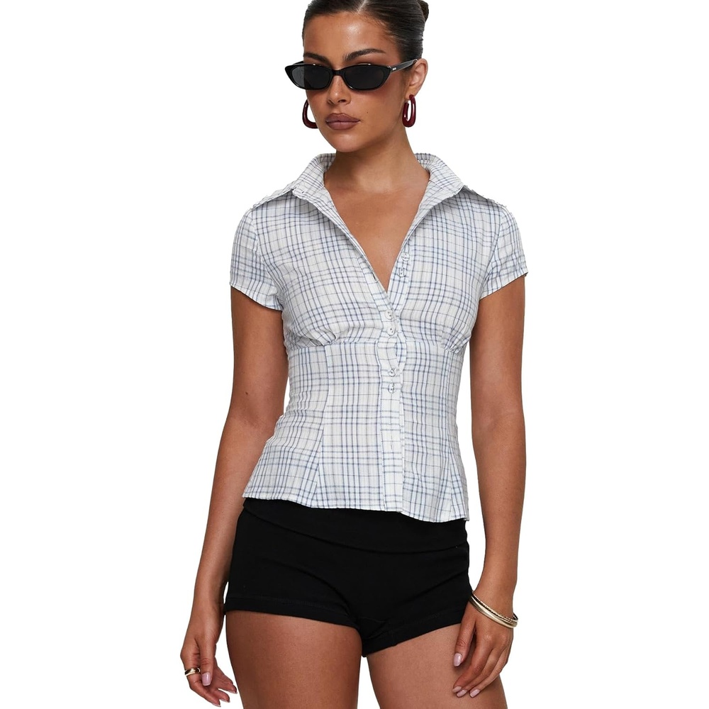 image:imagePrincess Polly Womens Cottesloe Blouse Top Blue CheckBlue Check